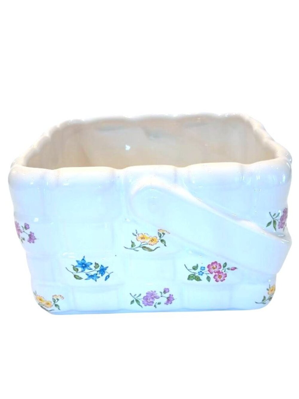 Vintage Teleflora White Floral Ceramic Basket Spring Easter Planter Candy Dish